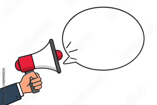 Male hand holding megaphone with speech bubble. Loudspeaker for business, marketing, and advertising. Promotion and social media marketing concept. Announcement and alert vector.