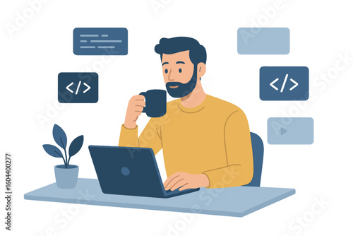 Man freelancer programmer at desk working on laptop with coffee. Freelance job concept. Developing programming, coding technologies. Remote work, home office, IT specialist.