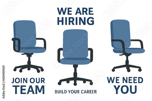 We are hiring banner. Recruitment concept with three empty office chairs. Job vacancy and employment opportunity. Join our team. Human resources poster for corporate business.