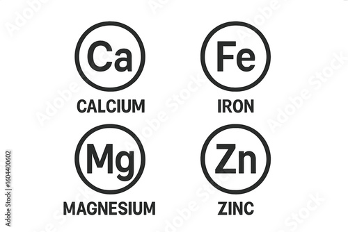 Essential Mineral Supplement Icons Set. Calcium, Iron, Magnesium, Zinc Symbol Vector. Nutrient Elements Isolated Black Circle Badge. Science Healthy Nutrition Medical Infographic Label Design.
