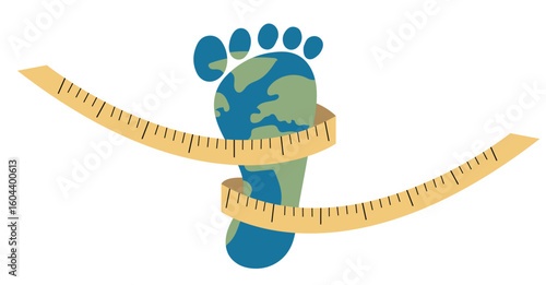 Earth-shaped footprint wrapped with measuring tape isolated on transparent background. Global carbon emission measurement and worldwide environmental impact assessment. Flat style. Vector illustration