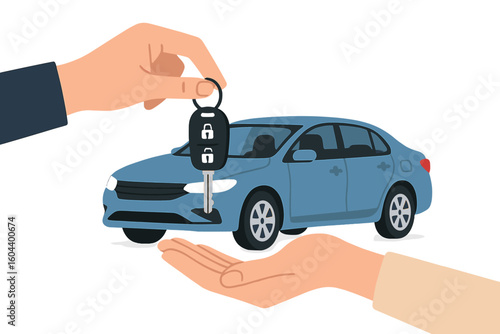 Car rental and sale concept with a hand giving keys. Auto sharing, leasing, and test drive service. Automotive business deal, buying or renting a new vehicle. Flat vector.