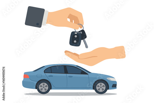 Car rental or sale concept. Hand giving car keys. Car sharing, selling, leasing, test drive or renting service. Dealership transaction. Auto business flat vector illustration.