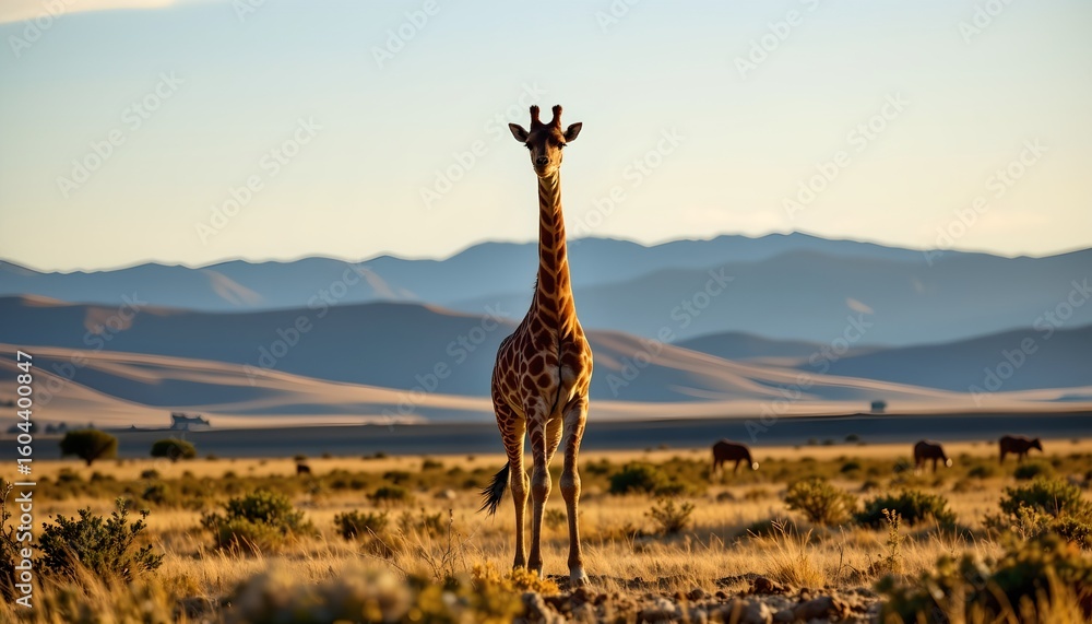 Obraz premium in the vast expanse of an african savannah under a clear blue sky, a giraffe stands majestically in the foreground, gazing towards the viewer with its towering neck