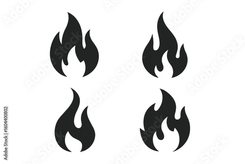 Fire flame vector icon set. Collection of black silhouette flame symbols. Burning bonfire graphic element. Hot blaze sign illustration. Danger energy power logo design.