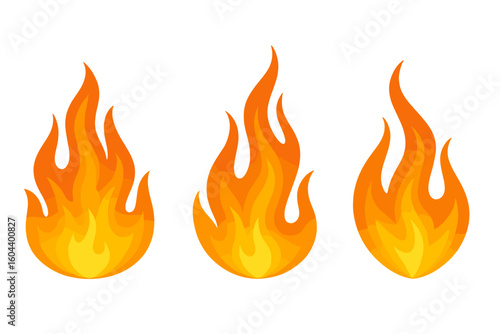 Set of fire flames vector icons. Collection of burning bonfire elements. Red and orange hot flame graphic design symbols for energy, power, and heat. Danger and passion concept clipart.