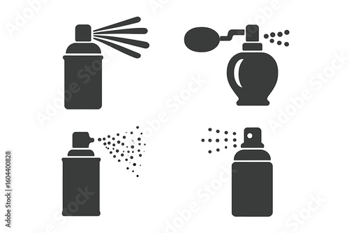 Spray icons set including water spray, perfume mist, paint spray, deodorant aerosol, spraying action vector illustrations on transparent background for commercial design and product concepts