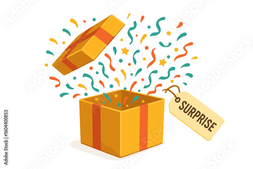 Opened gift box with confetti explosion. Surprise present for a birthday or celebration event. Vector illustration template design with a tag for a discount, sale, or winner prize.