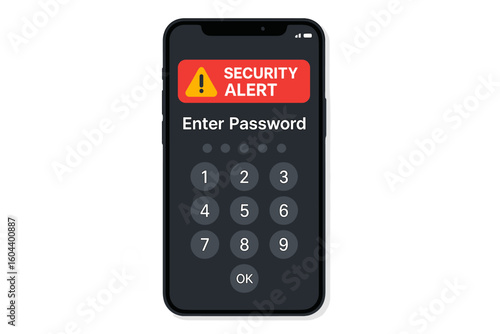 Smartphone security alert for password access. Mobile phone protection technology for user authorization and authentication. Cybersecurity concept with pin code keypad on screen.