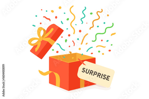Opened gift box with confetti explosion and surprise tag. Vector illustration for celebration, birthday, special offer, prize, discount, or winning announcement design.