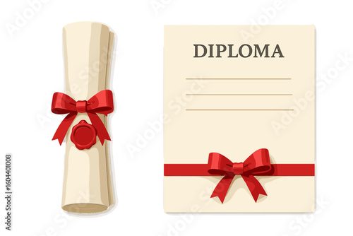 Diploma scroll certificate paper. Rolled and unrolled document with red ribbon bow and wax stamp seal. University degree. College graduation success. Education achievement award.