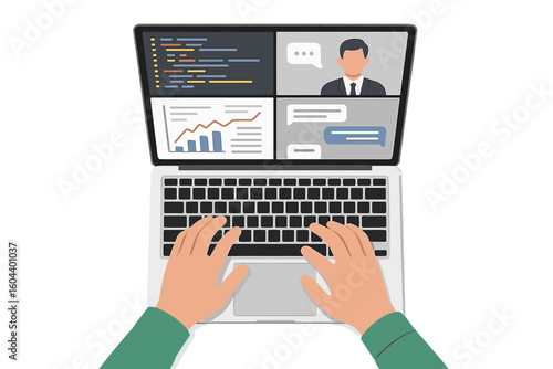 Top view of hands typing on laptop keyboard with coding, financial report planning, online education, video conference, chatting, and work productivity concepts