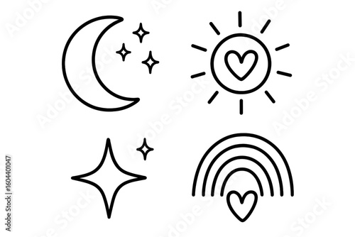 Celestial icon set with doodle moon, sun, star, and rainbow. Simple black line drawing with heart. Cute minimalist vector art for logo, sticker, or tattoo design.