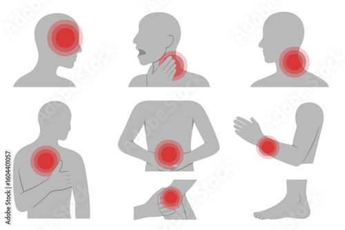 Red pain circles marking human body pain. Vector set showing headache, joint, and muscle aches. Medical illustration of painful target spots on body parts like head, neck, stomach.