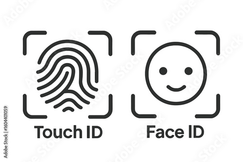 Fingerprint Touch ID and Face Recognition ID Icons for Mobile Device Security Authentication, Biometric Identification, Face Scanner, Fingerprint Scan, Secure Login Vector Illustration