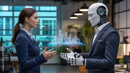 Woman and robot in suits discussing holographic city design in modern office environment setting scene