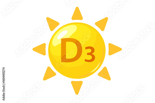 Vitamin D icon with shining sun and yellow D3 capsule, health and nutrition concept, skin care supplement, pharmacy and diet vitamin vector illustration on transparent background