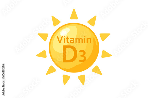 Vitamin D3 Icon with Sun Rays. Shiny Golden Vitamin D3 Capsule, Sunlight, Health Supplement, Nutrition, Immunity Booster. Skin Care, Pharmacy, Wellness, Diet, Isolated Vector Illustration.