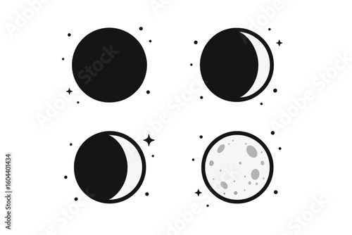 Moon Phases Vector Icons Set—New Moon, Crescent, Waxing Crescent, Full Moon, Night Astronomy Concept, Lunar Cycle Illustration, Space Nature Astronomical Phases, Educational Astronomy Clipart