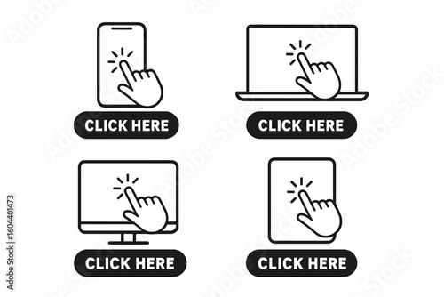 Device icon set with click here button. Smartphone, laptop, computer, tablet line icons. Hand cursor touching screen for website link. Call to action vector element for UI/UX.