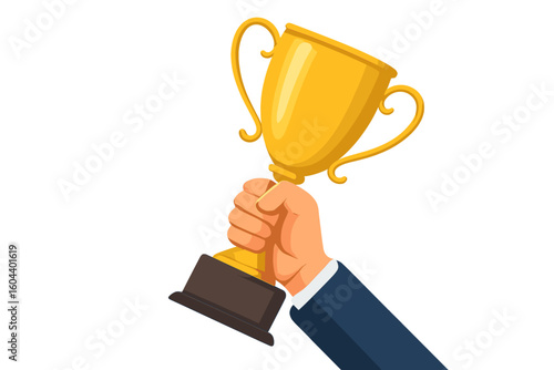 Hand holding golden trophy cup. Symbol of success, victory, and championship. Business goal achievement and leadership concept. First place prize award vector illustration.