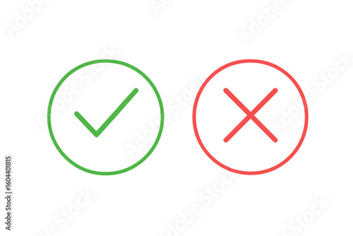 Green check mark and red cross vector icons. Tick and X symbols for accepted, rejected, approved, or disapproved status. Correct and false choice signs for evaluation.