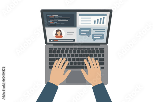 Top view of hands typing on a laptop keyboard. Concept for remote work, freelance, coding, financial report analysis, online education, video conference, and business communication.
