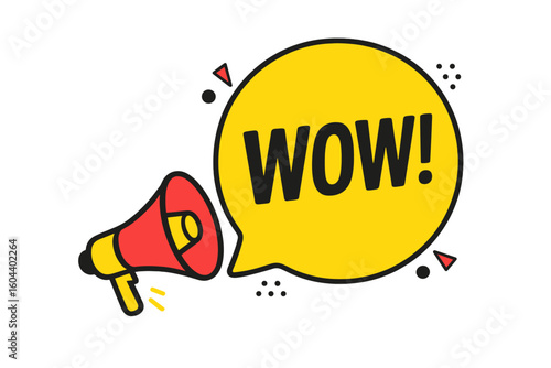 Megaphone with WOW speech bubble for promotion and sale. Loudspeaker banner for business, marketing, and advertising. Attention grabbing announcement vector icon.