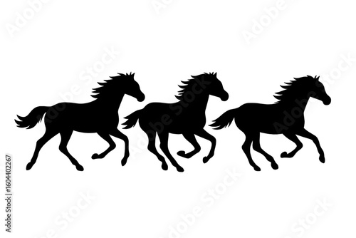 Three galloping horses silhouette. Equestrian sport, horse racing concept. Vector illustration of a running herd of stallions. Wild animals in motion, symbol of freedom, power.