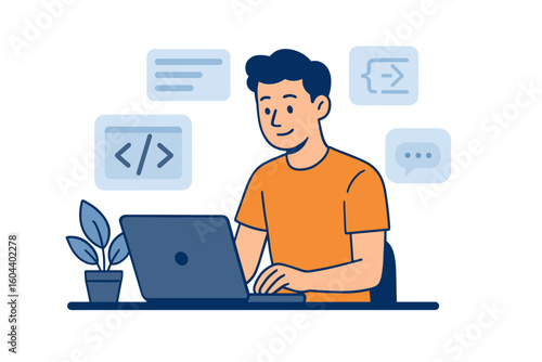 Young man freelancer working on laptop computer. Freelance job concept. Developing programming and coding technologies. Remote work, e-learning, home office, online job.