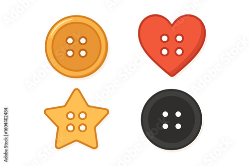 Sewing buttons vector icon set. Colorful collection for fashion design, clothing, and crafts. Includes unique round, heart, and star shapes. Flat haberdashery illustration.