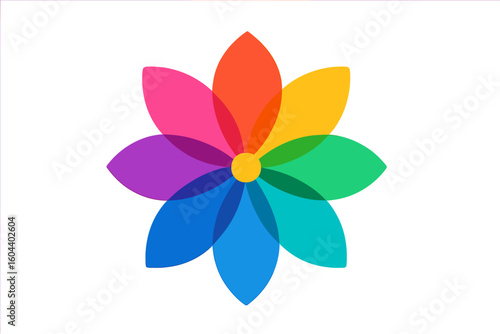 Colorful flower vector icon. Vibrant floral design with transparent overlapping petals. Abstract symmetrical shapes in a rainbow spectrum. For graphic design, logo, app.
