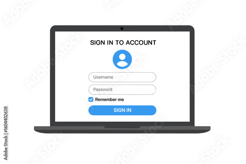 Login form on laptop screen for online registration and account access. User authentication with username and password. Sign in page, user authorization, web security concept.