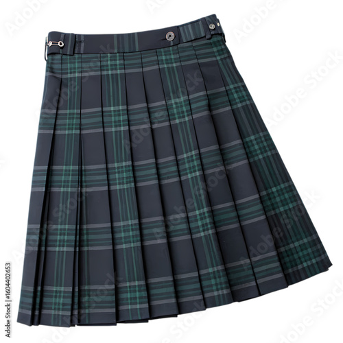 Classic Pleated Kilt Dark Grey and Green Tartan on transparent background