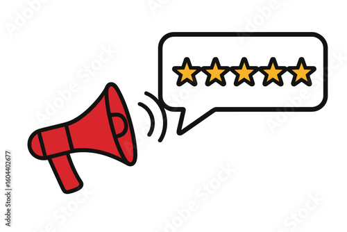 Megaphone with a five star rating speech bubble. Customer review and positive feedback concept. Online reputation, quality service, and user satisfaction for business.
