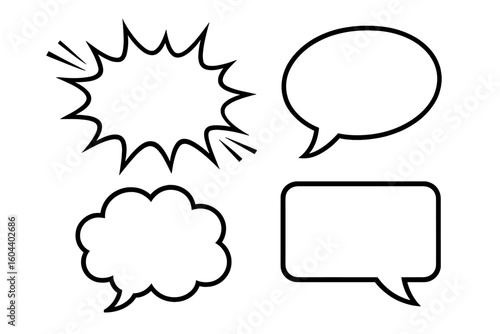 Comic speech bubble set. Pop art retro cartoon design elements. Includes explosion shapes, talk balloon templates, and dialogue boxes. Vector communication message icons.