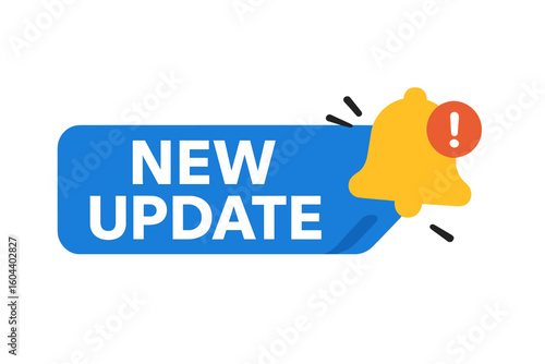 New update web banner with notification bell. Modern label for system software upgrade. Computer program or mobile app patch release element. Vector illustration notice.