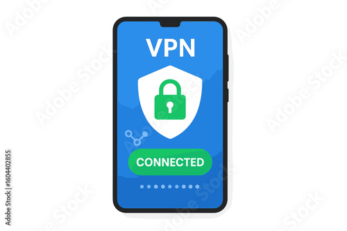 Mobile VPN service app on a phone screen. Secure virtual private network connection concept. Cybersecurity technology for internet privacy, data protection, and web safety.