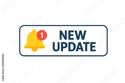 New update modern label with notification bell. Web banner for system software upgrade. Reminder element for website and app interface design. Vector illustration isolated.