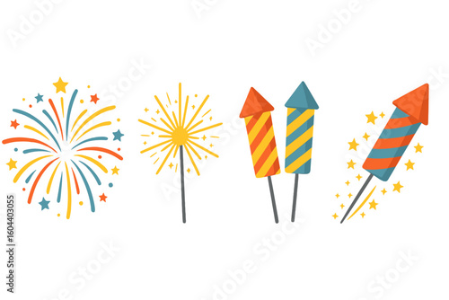Firework collection vector set. Celebration explode. Festive pyrotechnic rocket launch and salute. Holiday party firecracker sparkler icon for New Year or 4th of July.