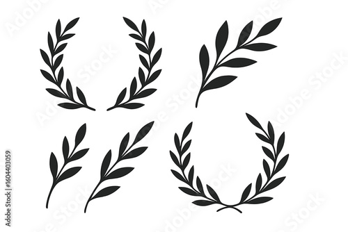 Black vector laurel wreaths and branches set. Greek olive leaf silhouette. Symbol of victory, triumph, and honor. Award and logo design element. Classic frame and border.