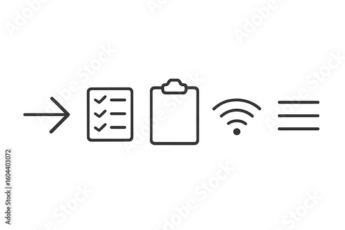 Essential UI line icons set for web and app design. Minimal outline pictogram collection of arrow, checklist, clipboard, wifi signal and menu for modern interface.