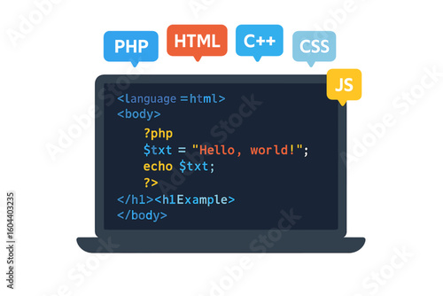 Laptop with programming code on screen. Web development concept with languages like PHP, HTML, C++, CSS, JS. Programmer or developer creating software. Coding vector flat.