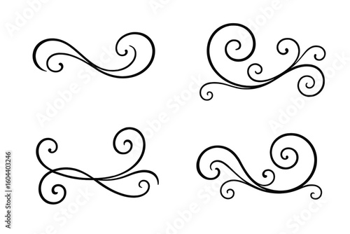 Elegant swirl flourish vector set. Decorative ornamental design elements. Calligraphy scroll filigree for wedding invitation. Vintage border divider line art illustration.