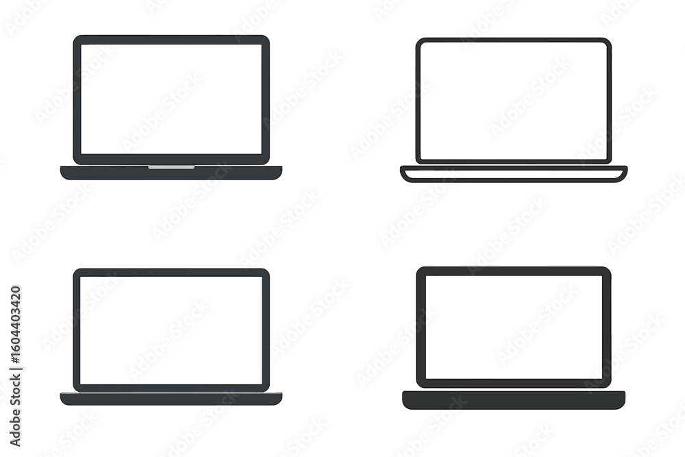 Set of 4 laptop vector icons in different styles. Notebook computer monitor with blank screen for mockup. Flat, outline, and silhouette symbols for graphic design projects. Set of 4 laptop vector icons in different styles. Notebook computer monitor with blank screen for mockup. Flat, outline, and silhouette symbols for graphic design projects.