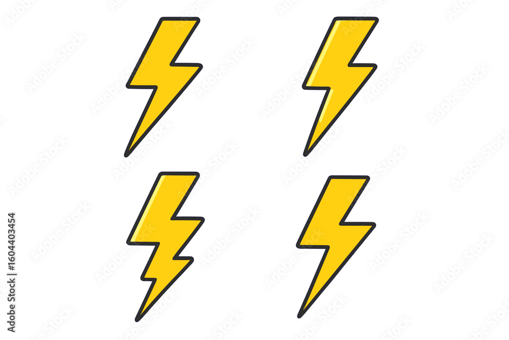Flat design lightning bolt vector icon set. Symbol of thunder, electricity, and power. Flash sign for energy, speed, and danger concepts. Isolated graphic element. Flat design lightning bolt vector icon set. Symbol of thunder, electricity, and power. Flash sign for energy, speed, and danger concepts. Isolated graphic element.