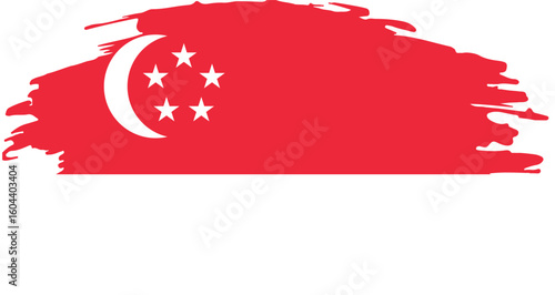 grunge style brush painted flag of singapore with red and white horizontal design crescent and five stars

