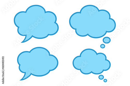 Set of blue cloud speech and thought bubbles. Vector illustration for communication, chat, or message. Comic cartoon dialogue box for expressing ideas or opinions. Isolated.