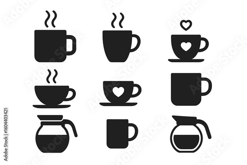 Coffee Cup Icon Set with Mugs, Steaming Hot Beverages, Heart Motifs, and Coffee Pots – Black Silhouette Vector for Cafes, Restaurants, Barista Tools, Coffee Shop Branding, Drink Symbols