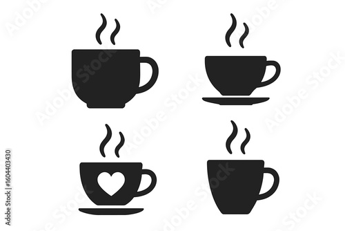 Coffee mug vector icons and tea cup silhouette set. Hot drink with steam and heart symbols for cafe logo, coffee shop branding, menu elements. Beverage pictogram collection.